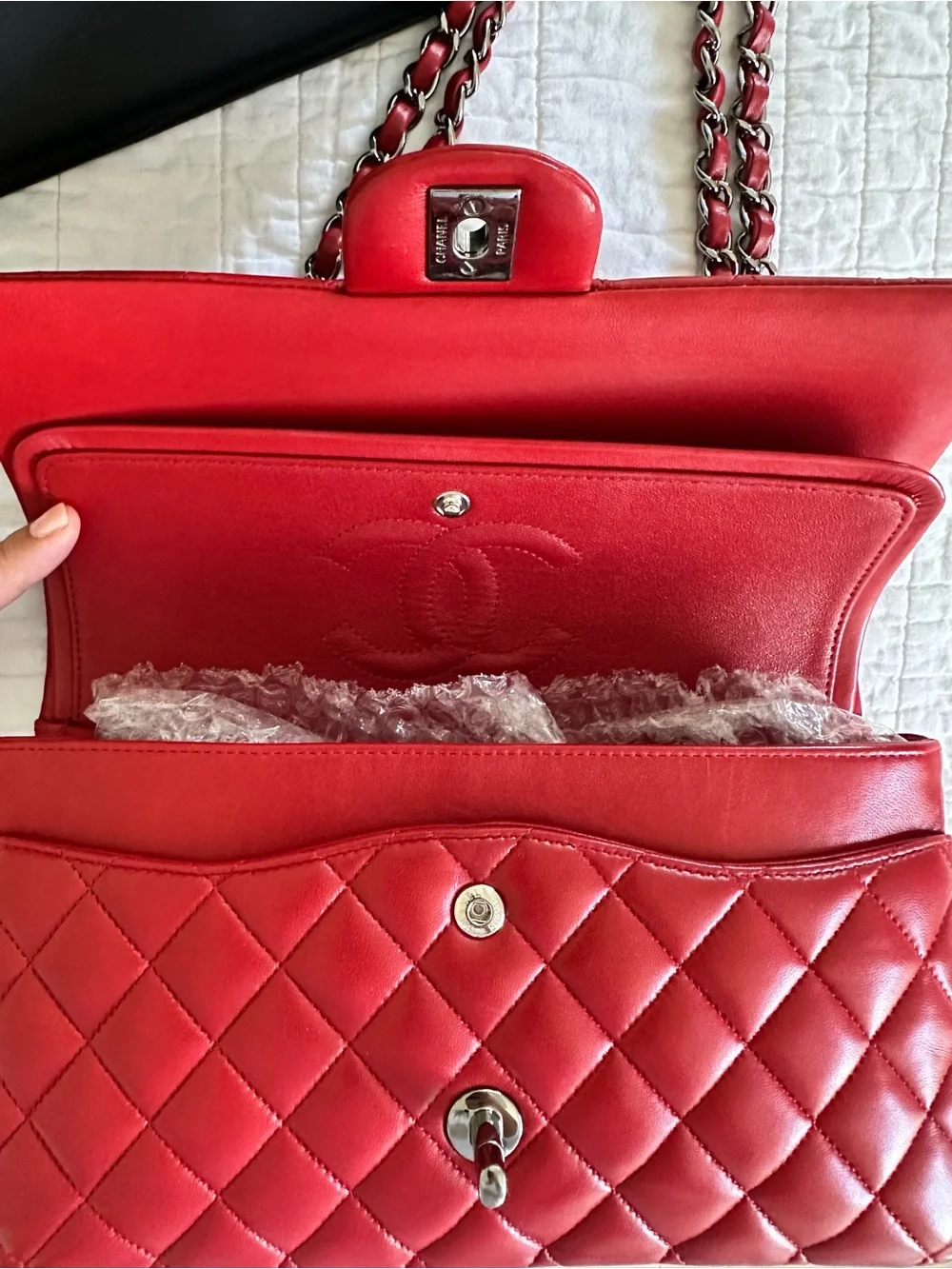 CHANEL Classic Quilted Lambskin Medium Double Flap Red Excellent Condition